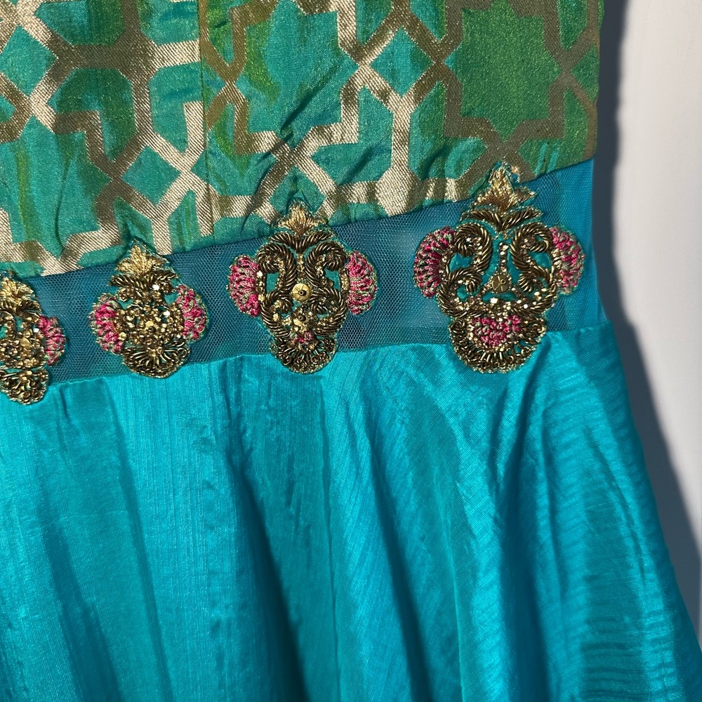 India Boutique Teal and Gold Indian Gown - Picture 3 of 5